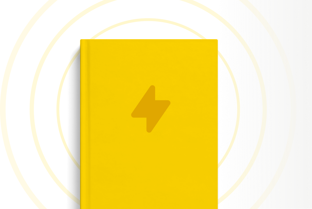 Ein gebundenes Buch in strahlendem Gelb mit einem Blitz darauf.