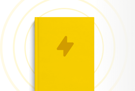 Ein gebundenes Buch in strahlendem Gelb mit einem Blitz darauf.